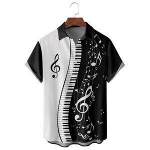 NWT Garamode Men's Casual Music Symbol Patchwork Print Shirt Size 2XL Color Blac